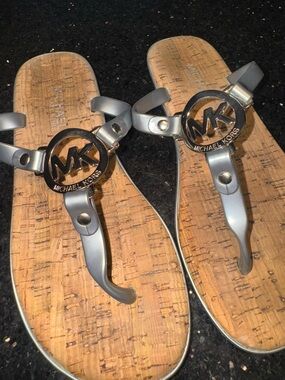 Michael Kors Silver Metallic MK Logo Cork-Style Thong Sandals